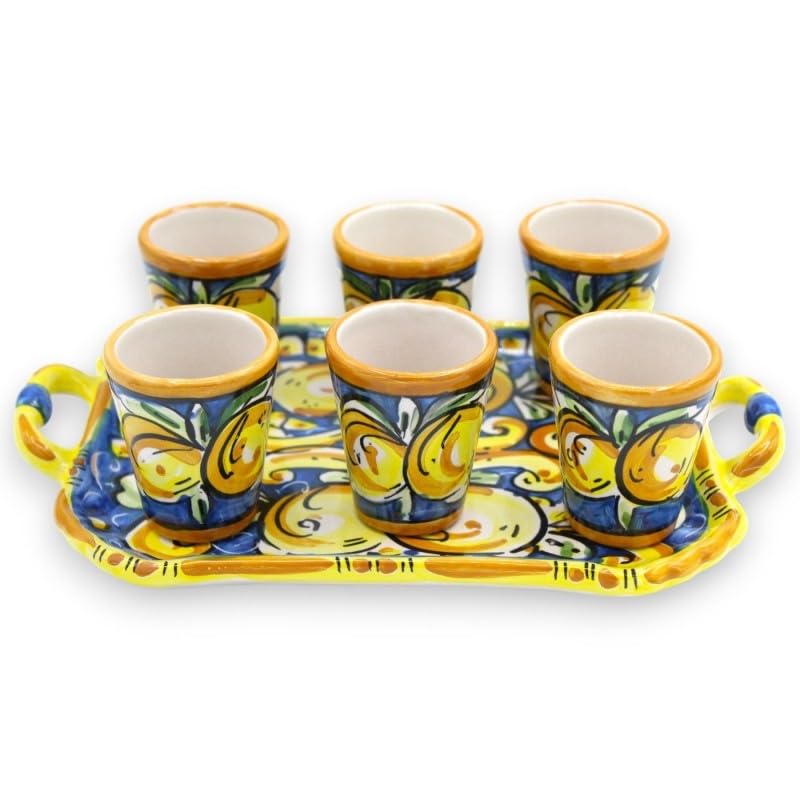  SICILIA BEDDA CAPACI Servizio Limoncello per 6 Persone in Ceramica di Caltagirone, Decoro Barocco e Limoni su Fondo Blu