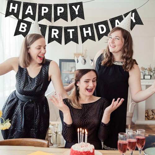 Image of Hooqict Black Happy Birthday Banner Sign for Backdrop Black Birthday Decorations for Men Women Party Supplies Wall Door Banner Garland Bunting Flag