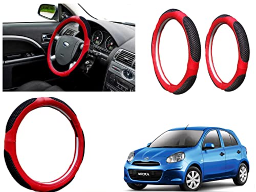 Image of Microfiber Car Steering Wheel Cover, Soft Padding Great Hand Feel, Anti-Slip, Faux Leather Steering Cover for Nissan Micra | Black Red Jali - Pack of 1
