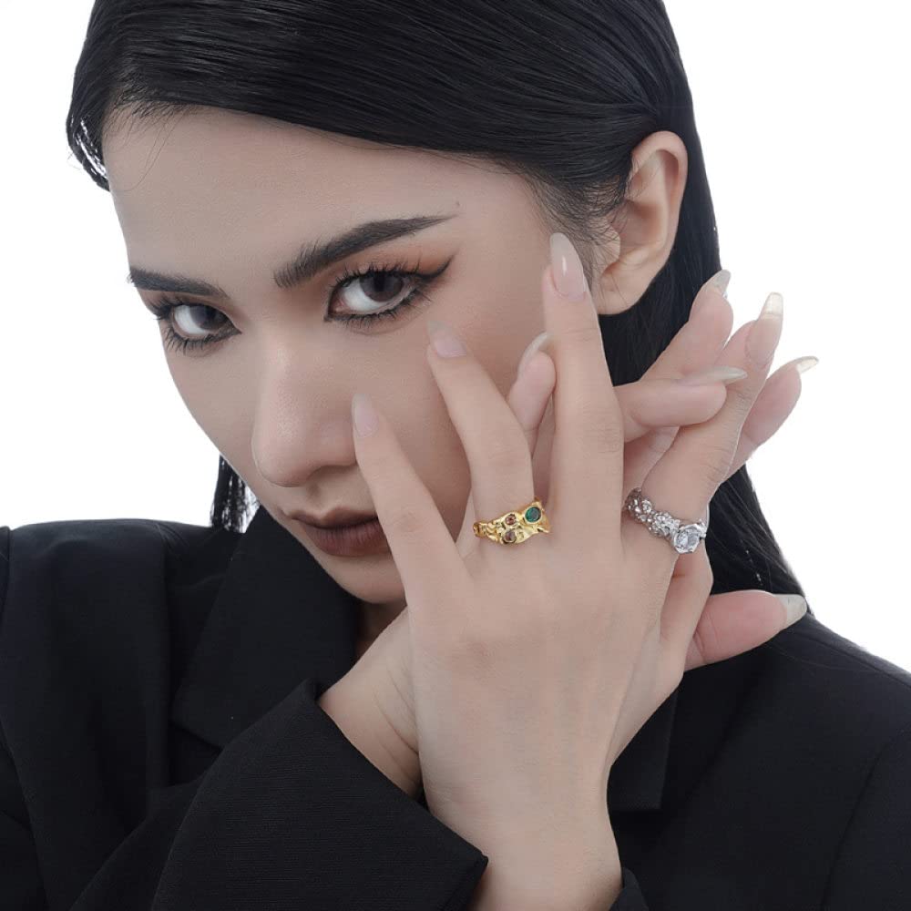 Anello In Argento Sterling 925,Anelli Regolabili Per Le Donne Anelli Di Eternità Forgiati A Mano Irregolari In Argento Sterling 925 Verde Zircone Anelli Di Fidanzamento Placcati In Oro Anelli Di Fi