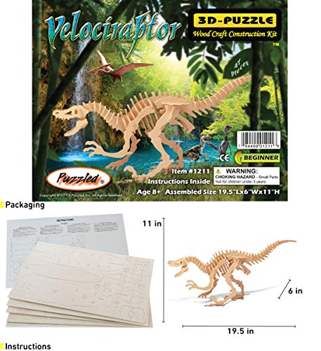 Puzzled 3D Puzzle Velociraptor Dinosaur Wood Craft Construction Kit Fun Unique & Educational Diy Wooden Dino Toy Assemble Model Unfinished Craft Hobby Puzzle 42Pc Pack #TOP1