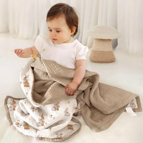 Image of lulumoon Muslin Baby Blanket Neutral: Cotton Toddler Blanket for Daycare | Soft Reversible Crib Bedding with Bunny - Lightweight 4-Layer Muslin for Stroller, Tummy Time & Travel, 47 inchx47 inch(Bunny)