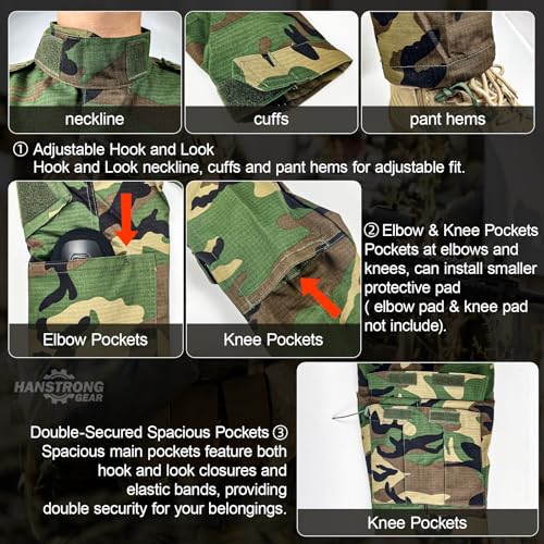H World Shopping Military Tactical Mens Hunting Combat BDU Uniform Suit Shirt & Pants with Belt Woodland - Image 6
