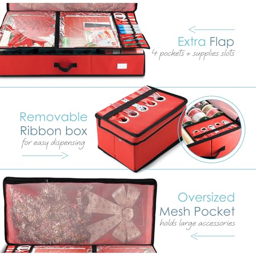 Image of Hearth & Harbor Wrapping Paper Storage Container - Christmas Storage Bag with Ribbon Dispenser and Interior Pockets - Gift Wrap Organizer Fits Up to 26 Rolls of 40 inch Length, Red