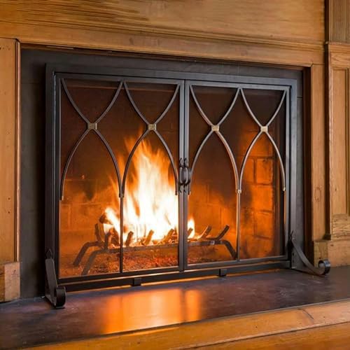 Handcrafted Wrought Iron 2-Door Fireplace Screen with Tools, Wood Burning Fire Grate & Spark Guard - Elegant Fireplace Cover for Home Decor & Safety