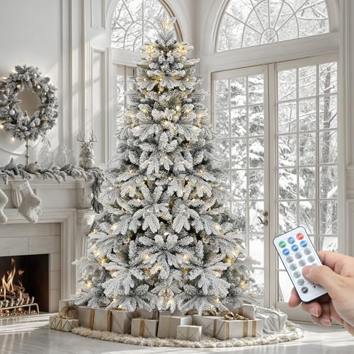 YITAHOME Prelit Snow Flocked Christmas Tree 7.5 FT with Remote, Artificial Hinged Canaan Fir...