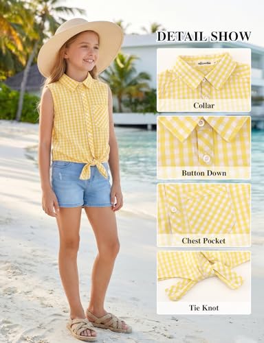 Image of Noomelfish Girls Sleeveless Button Down Shirt Tie Knot Blouse Western Cowgirl Outfit (5-12 Years)