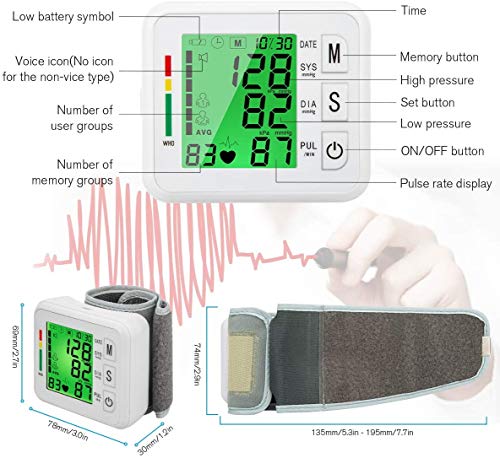 Topffy Blood Pressure Monitor,Automatic BP Machine Wrist Digital BP Cuff Large Tri-Backlit Rechargeable Pulse Rate Monitoring Meter 99 * 2 Reading Memory Wrist Blood Pressure Monitor for Home Use - Thumbnail 6