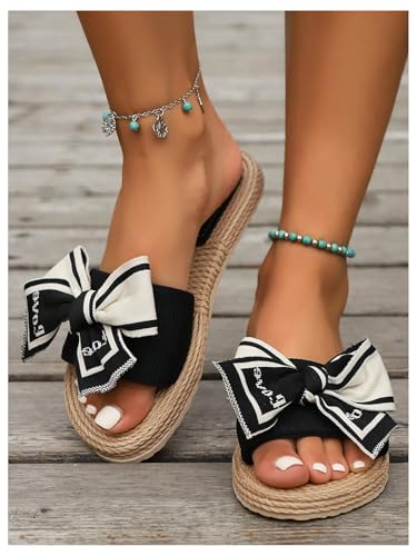 Image of GORGLITTER Women's Bow Flat Sandals Open Toe Slip On Slide Slipper Shoes | Sandals Women Comfortable, Dressy Sandal Women, Y2k Shoes, Dress Slippers for Women, Flats