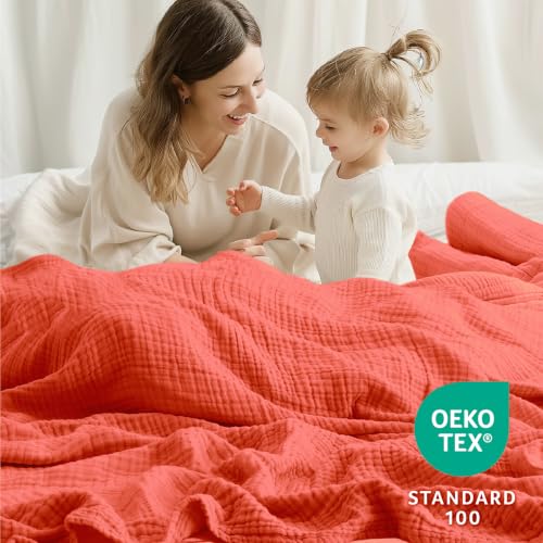 Image of 100% Cotton Muslin Blanket for Adults, 6-Layer, King, 108 x 90, Coral