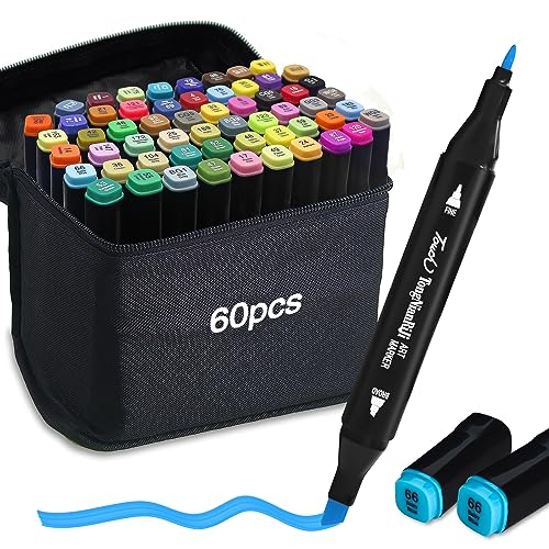 Feutre Alcool, 60 Couleurs Feutre a Alcool Permanents Marqueur Kit Double Pointe Marqueur Rond et Ciselé Stylo Feutre Créatif pour Débutants Graffiti DIY Art Esquisse