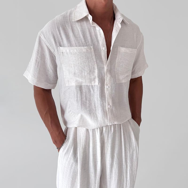 Men's fashion linen short sleeved shirt long pants set button loose top summer beach pants two-piece set2