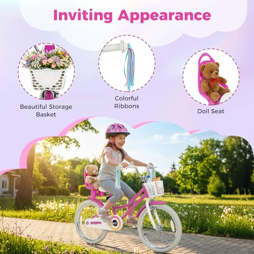 Image of BABY JOY Girls Bike with Streamers & Doll-Seat, Kids Bike for 3-8 Years Old | 12 14 16 18 20 Inch Children Bicycle w /Detachable Training Wheels or Kickstand, Storage Basket, Adjustable Seat and Handlebar