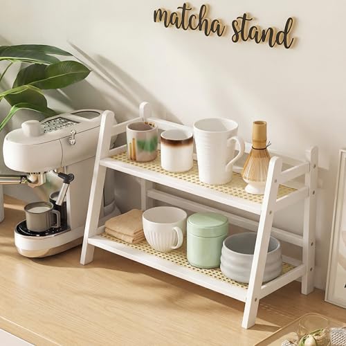 Yalikop 1 Pcs 2 Tier Matcha Station Shelf Bamboo Coffee Mug Stand Countertop Storage Rack, Double Layer Rattan Office Cup, Kitchen, Tea, Plant, Bar Accessories Condiment Display (White,17.7 Inch)