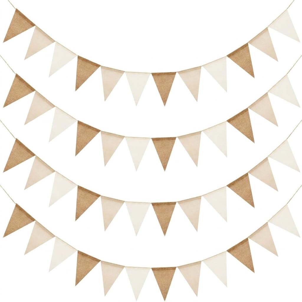 4 PCS Outdoor Bunting, Hessian Bunting, for Garden Parties and Outdoor Decorations, With 48 Hessian Pennants, Durable Fabric with Rustic Design, For Garden Gatherings, Patio Decoration