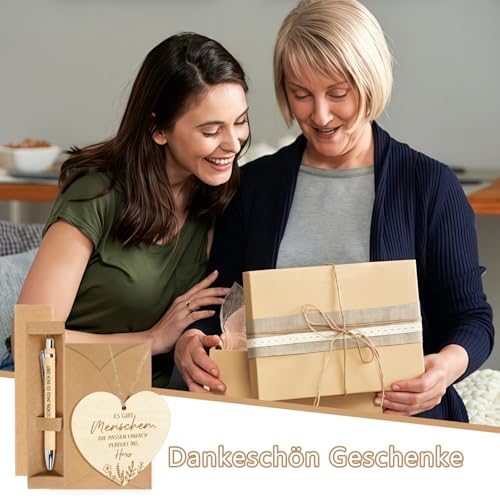 MorLuks Geschenk Freundin, Kugelschreiber mit Gravur + Holzkarte Herzform, „Wie schön, dass es Dich gibt, Dankeschön Geschenk für Geburtstag Jahrestag Hochzeit