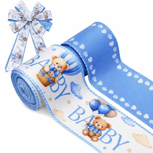 2.5 Inch Baby Shower Ribbon for Boy - Blue and White Bear Paw Decorations Wired Edge Ribbon Craft for Gift Wrapping Bows Wreath Party Decor - Gender Reveal Ribbon for Boxes Bags 2 Rolls 10 Yard