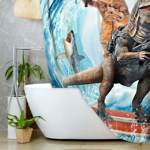 Image of Funny Cat Shower Curtain Set, Cute Cat Riding Dinosaur Surfing in Ocean Wave Ocean Theme Curtains for Bathroom, Surfer Dinosaur Nautical Polyester Fabric Waterproof Kids Bath Shower Curtain Decorative