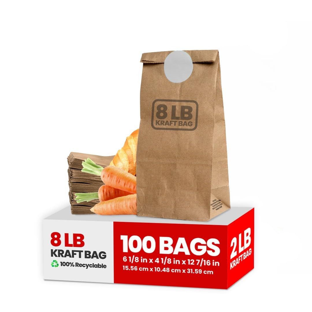 Brown Kraft Paper Bags, 8 Lb | Pack of 100 | Durable Multipurpose Lunch & Grocery Sacks for Snacks, Crafts, and Food Storage