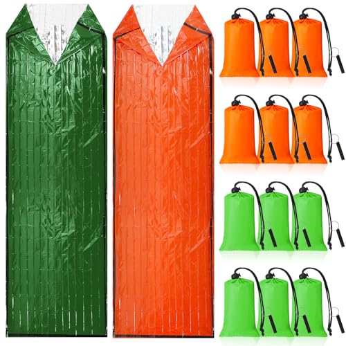 Qunclay 12 Set Emergency Sleeping Bag Survival Bivvy Sack Blanket with Whistles Lightweight Portable Thermal Survival Bag Thick Tent with Hood Extension Nylon Stuff Sack (Orange, Green,82.7 x 35.4 in) - image 1