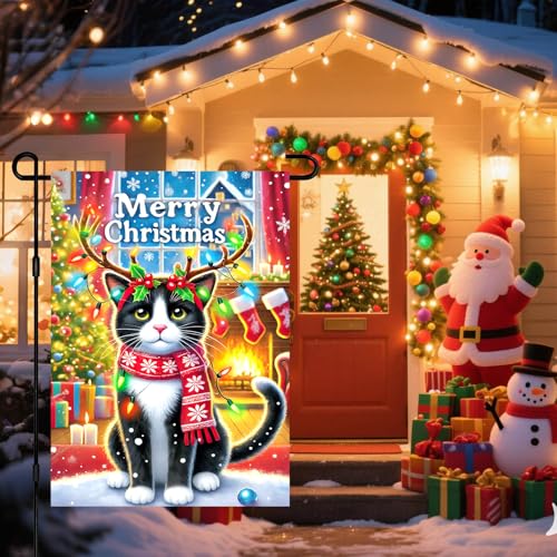 Image of BlissYard Christmas Garden Flag 12x18 Inch Cat Antlers Lights Yard Decor | Double sided polyester, cat with antlers and lights design, cat lover decor for Christmas porch and yard