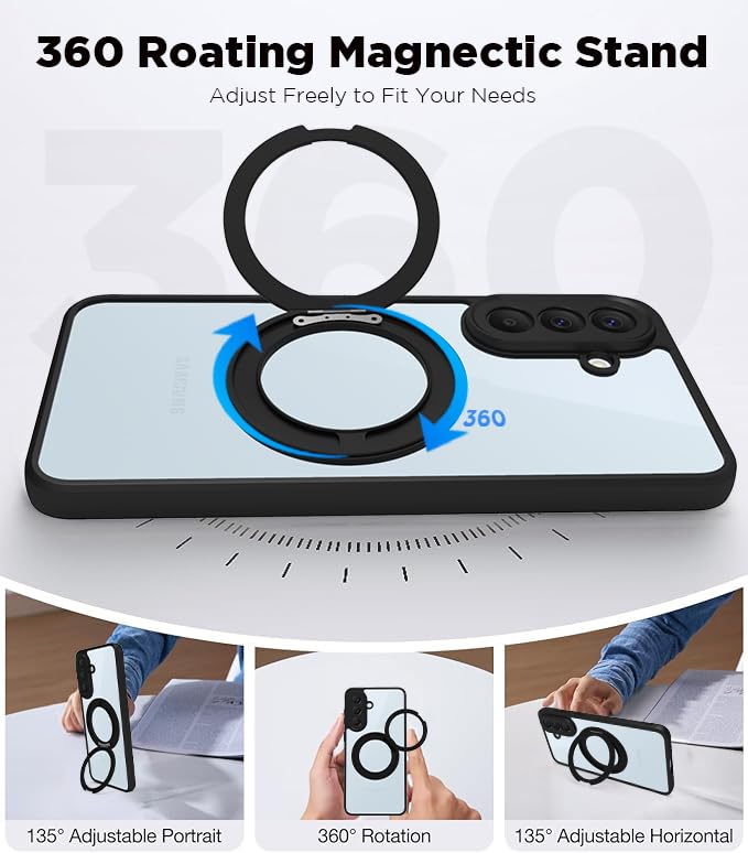 Image of RIGGEAR Shockproof Sleek Hybrid Armor 360 Rotating Magnetic Ring Stand Back Cover Case Compatible with MagSafe Accessories for Samsung Galaxy A57 5G (Clear PC + Black TPU Bumper)