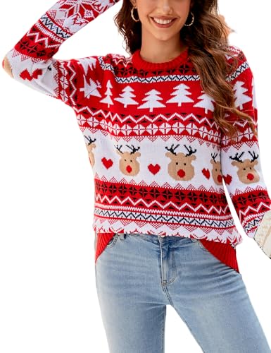 Image of Arssm Women Christmas Sweater Funny Christmas Santa Ugly Xmas Pullover Tops Graphic Printed Long Sleeve Sweater(Red-S)