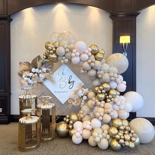 Image of Netural Balloon Set, Double Stuffed Beige Cream Tan Gold Balloons Blush White Sand Boho Balloon for Netural Baby Shower Gender Reveal Bridal Birthday Wedding Party Decorations