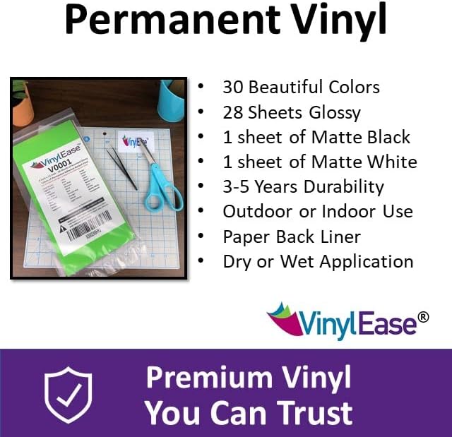 Vinyl Ease 12" x 12" 30 Sheets Assorted Glossy Colors Permanent Adhesive Vinyl for Cricut, Silhouette, Pazzles, Craft ROBO, QuicKutz, Craft Cutters, Die Cutters, Sign Plotters - V0101