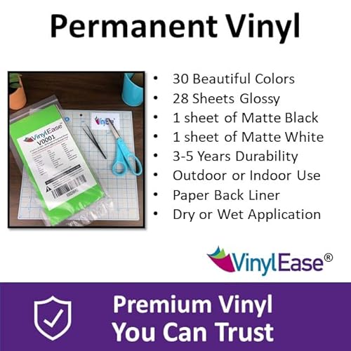Vinyl Ease 12" X 12" 30 Sheets Assorted Glossy Colors Permanent Adhesive Vinyl For Cricut, Silhouette, Pazzles, Craft Robo, Quickutz, Craft Cutters, Die Cutters, Sign Plotters - V0101 #TOP5