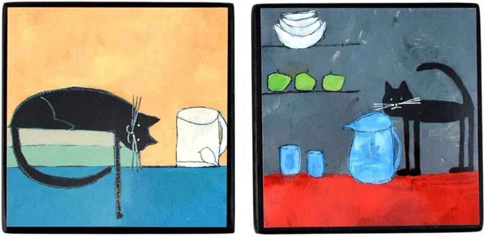 Modern Artisans Mini Art Blocks Duo: Whiskers and Pitchers, Primary Jewelel Tone Colors with Black Cat, Wall Mounted (Vertical or Horizontal) or Standing, Measures 4" x 4", Made in the USA