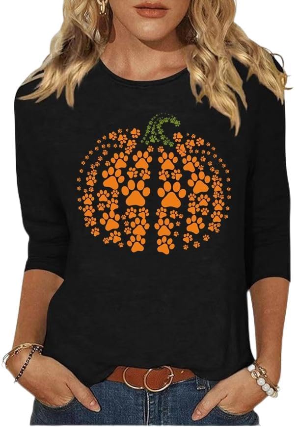 Woffccrd Womens Casual Halloween 3/4 Sleeve Crew Neck Tee Shirts Leopard Pumpkin Shirts Thanksgiving Fall Tops (M,25717 Black)