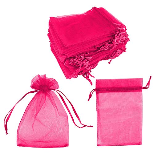Super Z Outlet 100 Pack 4x6 Inch Mini Sheer Drawstring Organza Transparent Bags Jewelry Sack Pouches for Wedding, Party Decorations, Arts & Crafts Gifts (Fuchsia)