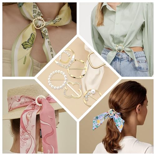 Image of 6 Pcs Silk Scarf Ring Shirt Clips,T-shirt Ties Clips Clothes Corner Knotted Button Belt Buckle For Lady Girls Women with Pearl Rhinestone