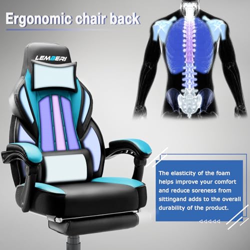 Image of LEMBERI Big and Tall Gaming Chair 400lb Capacity, Heavy-Duty Office Chair with Reinforced Footrest, Wide Seat High Back PC Desk Chair with Linkage Armrests, Thickened Steel Frame, PU Leather, Blue