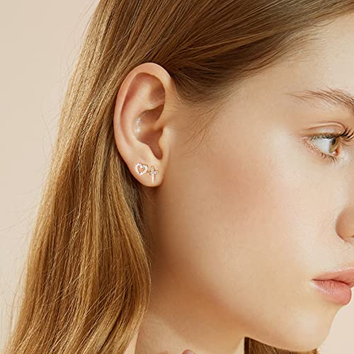 BOUTIQUELOVIN Gold Stud Earrings Set for Women, 10 Pairs 14K Hypoallergenic Flat Pad/Ball/Bar/Heart/Butterfly/Cross CZ Small Earrings by BOUTIQUELOVIN - Image 7