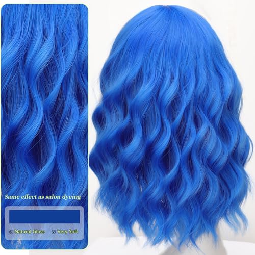 Image of AISI HAIR Blue Synthetic Wavy Curly Bob Wig with Bangs Short Wavy Hair for Women Synthetic Heat Resistant Bob Wigs