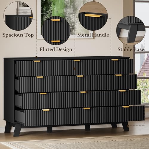 Image of BORNOON 57 inch Wide Dresser for Bedroom, 12-Drawer Fluted Dresser with Metal Handles, Wood Chest of Drawers with Smooth Slides and Stable Base, Storage Cabinet for Living Room, Nursery, Timeless Noir