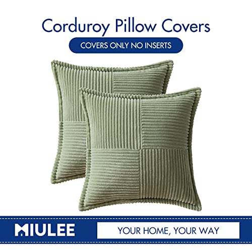 Image of MIULEE Spring Decorative Throw Pillow Covers for Couch Bed Livingroom 16x16 Inch Set of 2 Sage Green Boho Accent Throw Pllows Broadside Striped Patchwork Soft Corduroy Pillowcases