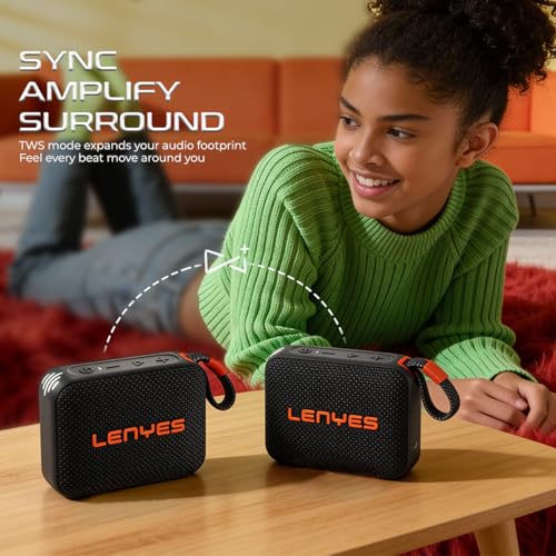 Image of Lenyes S216 Bluetooth Pocket Speaker, 6W, IPX7 Waterproof, Deep Bass, 5Hr Playtime, TWS Stereo, Bluetooth 5.0, TF Card, Carry Strap, Compact and Lightweight, Black