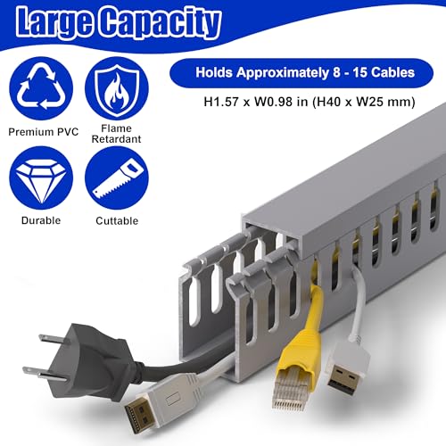 Image of 1.6 inch H x 1 inch W Cable Raceway, 132in Under Desk Wire Management Channel, Grey | Slotted Wire Duct, 8Pack, 16.5in Each, Heavy-Duty PVC Cable Management for Server Racks, Network Cables & Electrical Cabinets