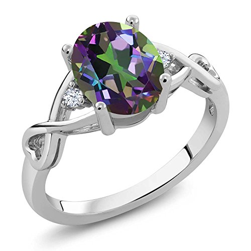 Gem Stone King 1.89 Cttw Green Mystic Topaz 3-Stone Engagement Ring for Women | 925 Sterling Silver | Oval 9X7MM and Round 1.8MM | Gemstone Birthstone | Available In Size 5, 6, 7, 8, 9