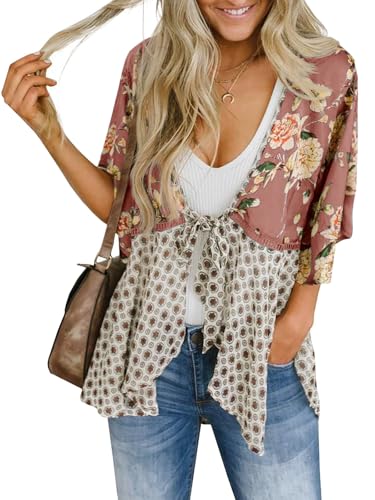 Saodimallsu Womens Tie Front Kimono Cardigans Floral Lightweight Ruffle 3/4 Sleeve Boho Flowy Beach Cover Ups Pink