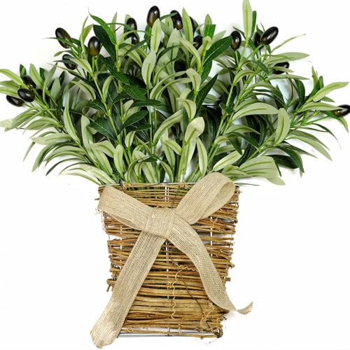 Avoik Artificial Hanging Plants, Fake Olive Branch and Wall Basket Decor Front Door Faux Greenery Branches in Wicker Basket Wall Hanger Planters for Home Office Living Room Bathroom Farmhouse Decor