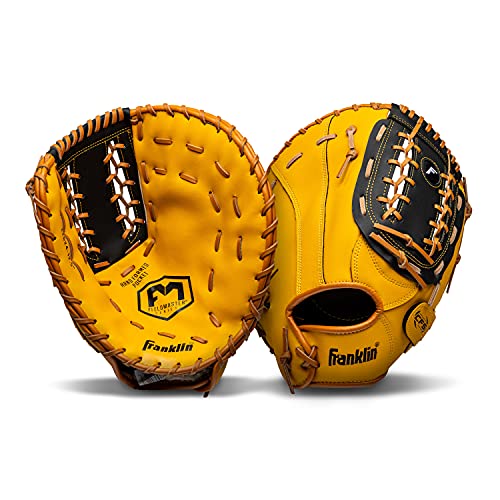 Image of Franklin Sports Field Master Baseball and Softball Gloves for Adults, Youth, and Kids - Durable and Soft Synthetic Leather - Adjustable Fit - Right Hand Throw - 12.5 inch in. First Base Mitt - Black /Tan