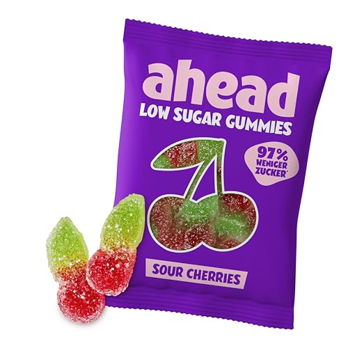 ahead Sour Cherries Gummibärchen | Sauerkirschgeschmack Fruchtgummi 18 × 50g | Gummibärchen ohne Zuckerzusatz | Nur 1g Zucker & 73 kcal pro 50g | Kalorienarme Süßigkeiten & ballaststoffreich