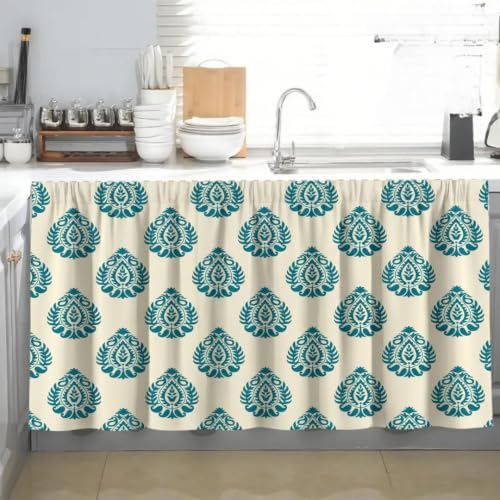 Image of Kitchen Curtains for Sink | Premium Printed Under-Sink Skirt for Kitchen Counter | Washable & Dustproof Rod Pocket Curtain | Home & Cooking Theme Decor (150cm x 70cm) (Blue Kunja)