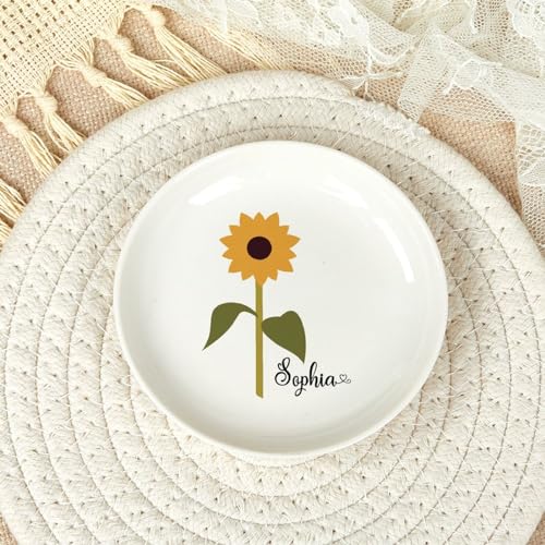Custom Name Ring Dish, Sunflower Jewelry Holder, Minimalist Wedding Favors, Sunflower Decor, Personalized Jewelry Tray, Bestie Gift, Wildflower Trinket Tray, Bridal Shower Gift, 4"