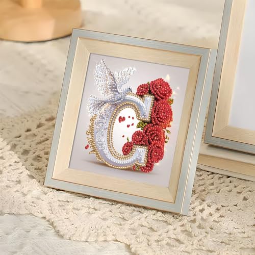 Image of AiYuanzsh 5D DIY Diamond Art Kits for Adults Letter C, Creative Red Rose & Dove Design Special Shape Diamond Painting, Luxury Alphabet Diamond Art for Home Wall Decor 17x17cm