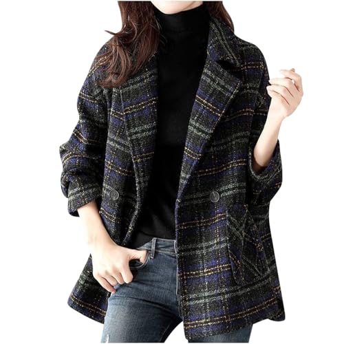 Women's Houndstooth Wool Blend Blazer Lapel Collar Double Breasted Winter Wool Pea Coat Overcoat Work Business Jacket